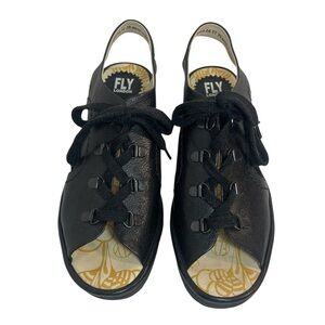 FLY London Ylfa Black Lace-Up Leather Wedge Sandals Women’s Size EUR 39 US 8-8.5
